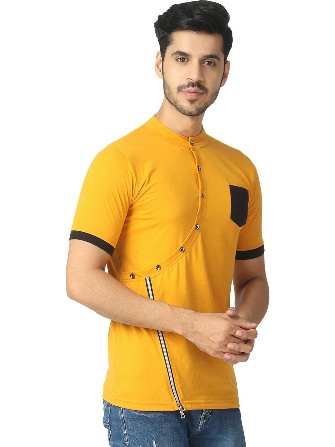 

Black Collection Men Colourblocked Mandarin Collar T-shirt, Mustard