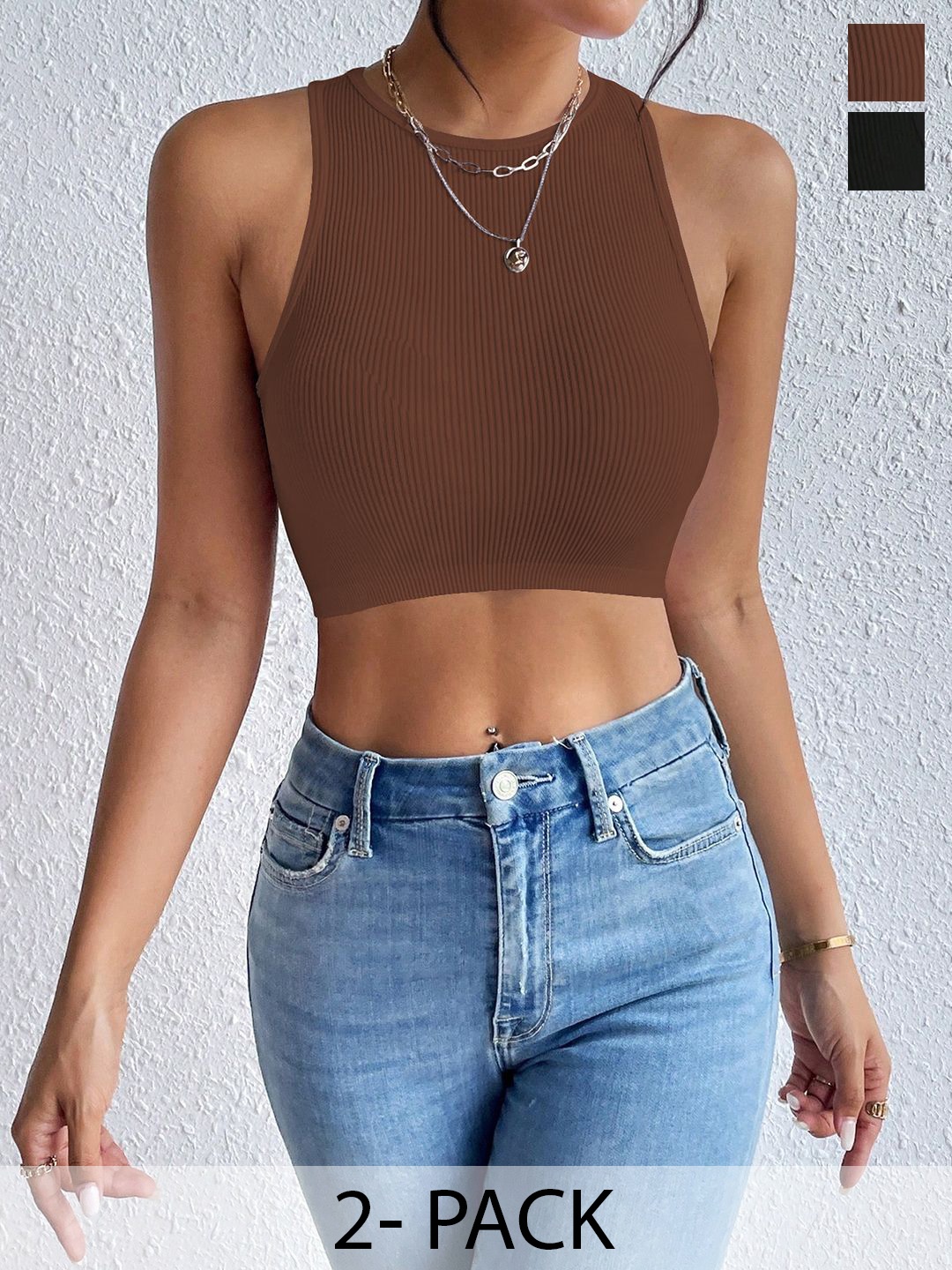 

BAESD Women Pack Of 2 Ribbed Round Neck Tops, Brown