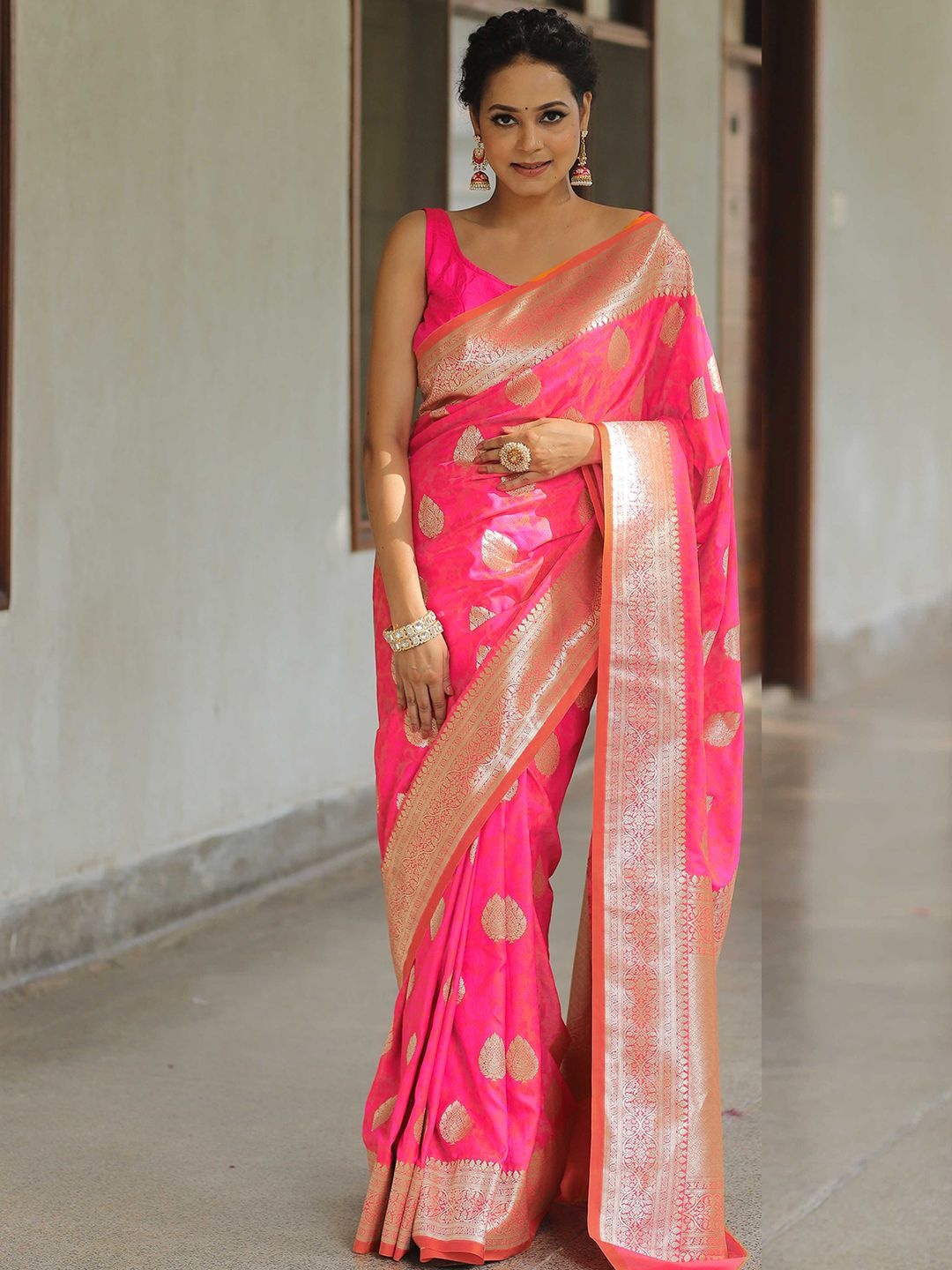 

KALINI Ethnic Motifs Zari Silk Blend Banarasi Saree, Pink