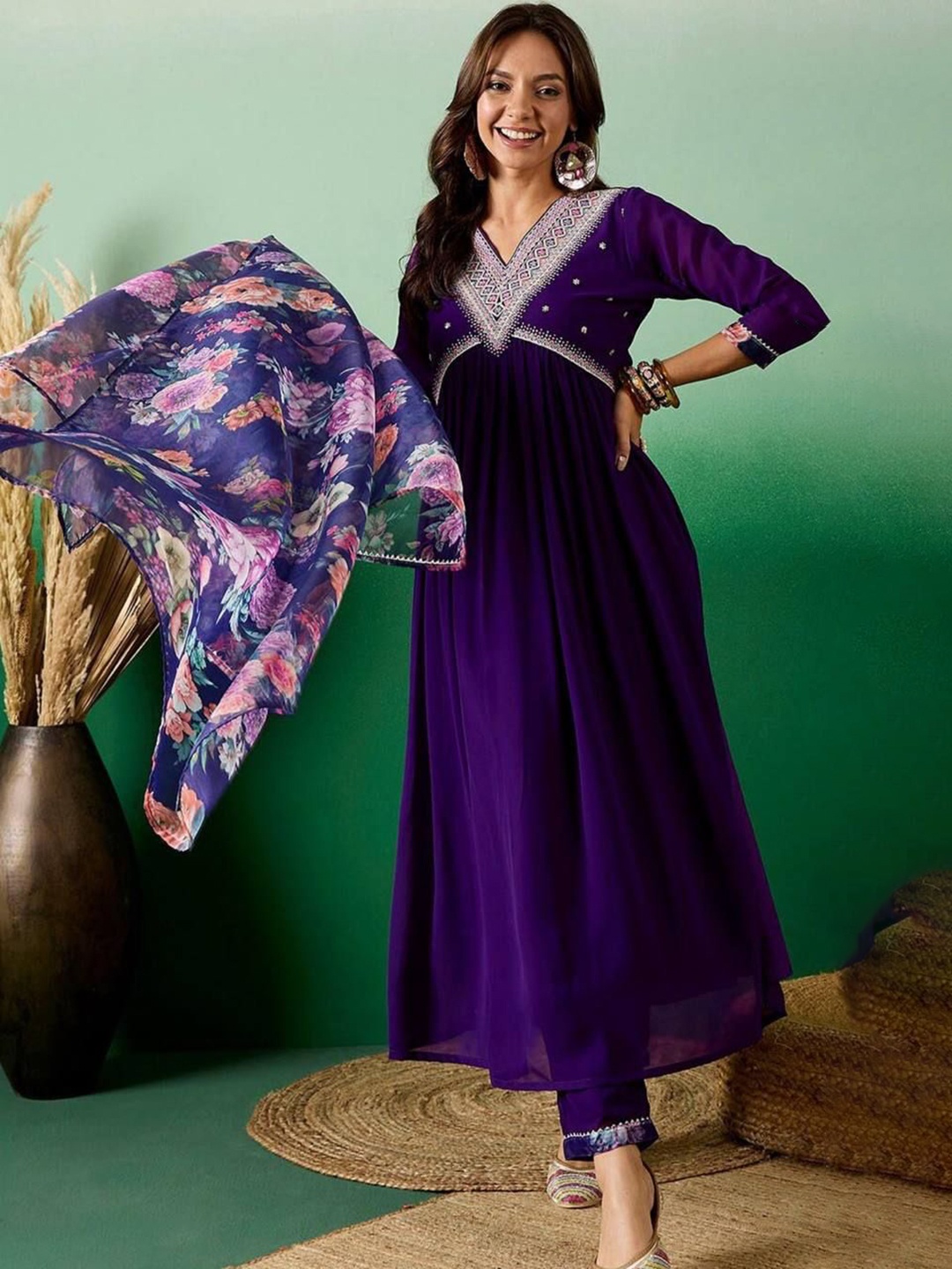 

KAUTIK FABRICS Ethnic Motifs Embroidered V-Neck Anarkali Kurta With Trouser And Dupatta, Purple