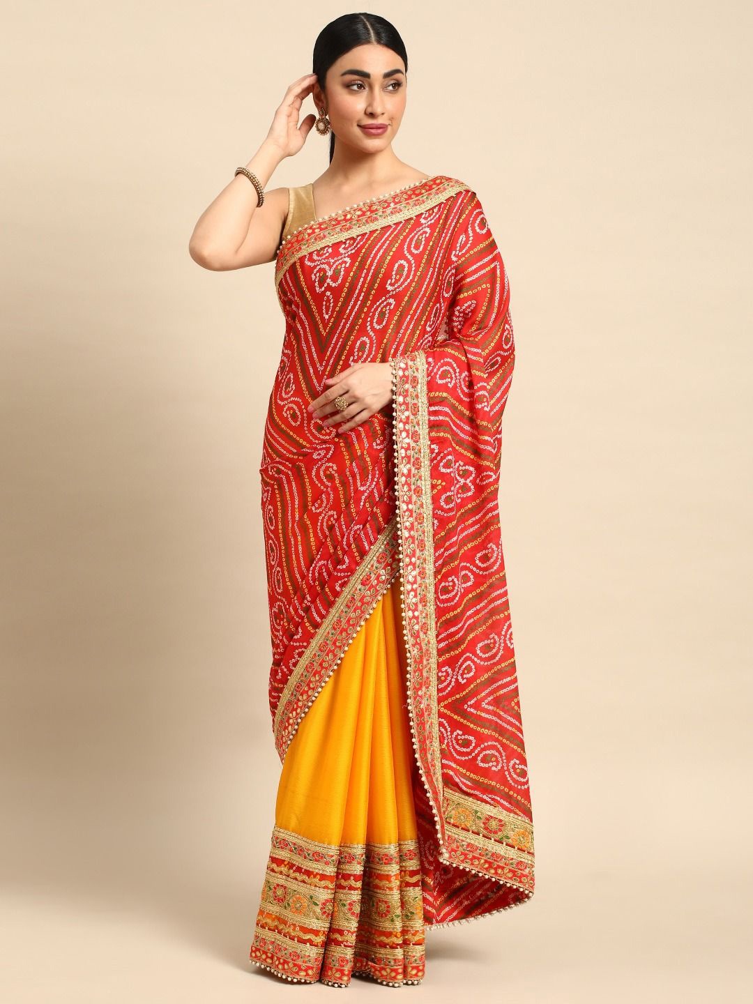

DIVASTRI Bandhani Printed Gotta Patti Designer Bandhani Saree, Yellow