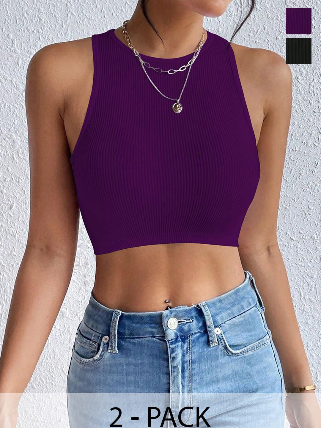 

TOOCHKI Women Pack Of 2 Ribbed Round Neck Tops, Purple