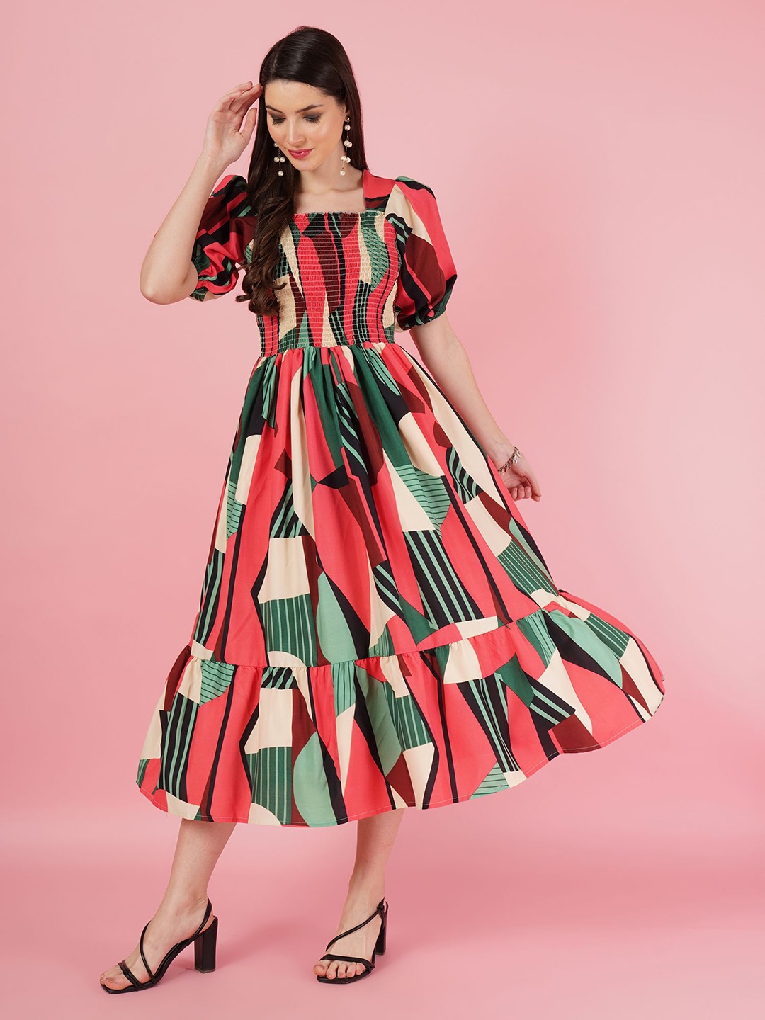 

ZWERLON Women Abstract Printed Fit and Flare Midi Dress, Red