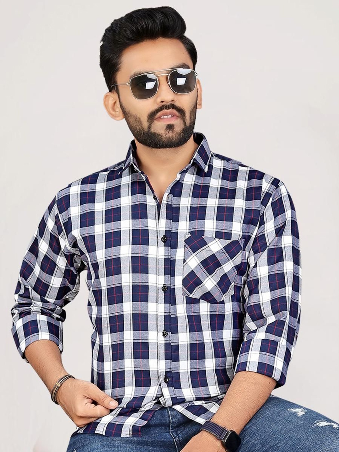 

Metronaut Men Classic Fit Spread Collar Tartan Checked Cotton Casual Shirt, Navy blue
