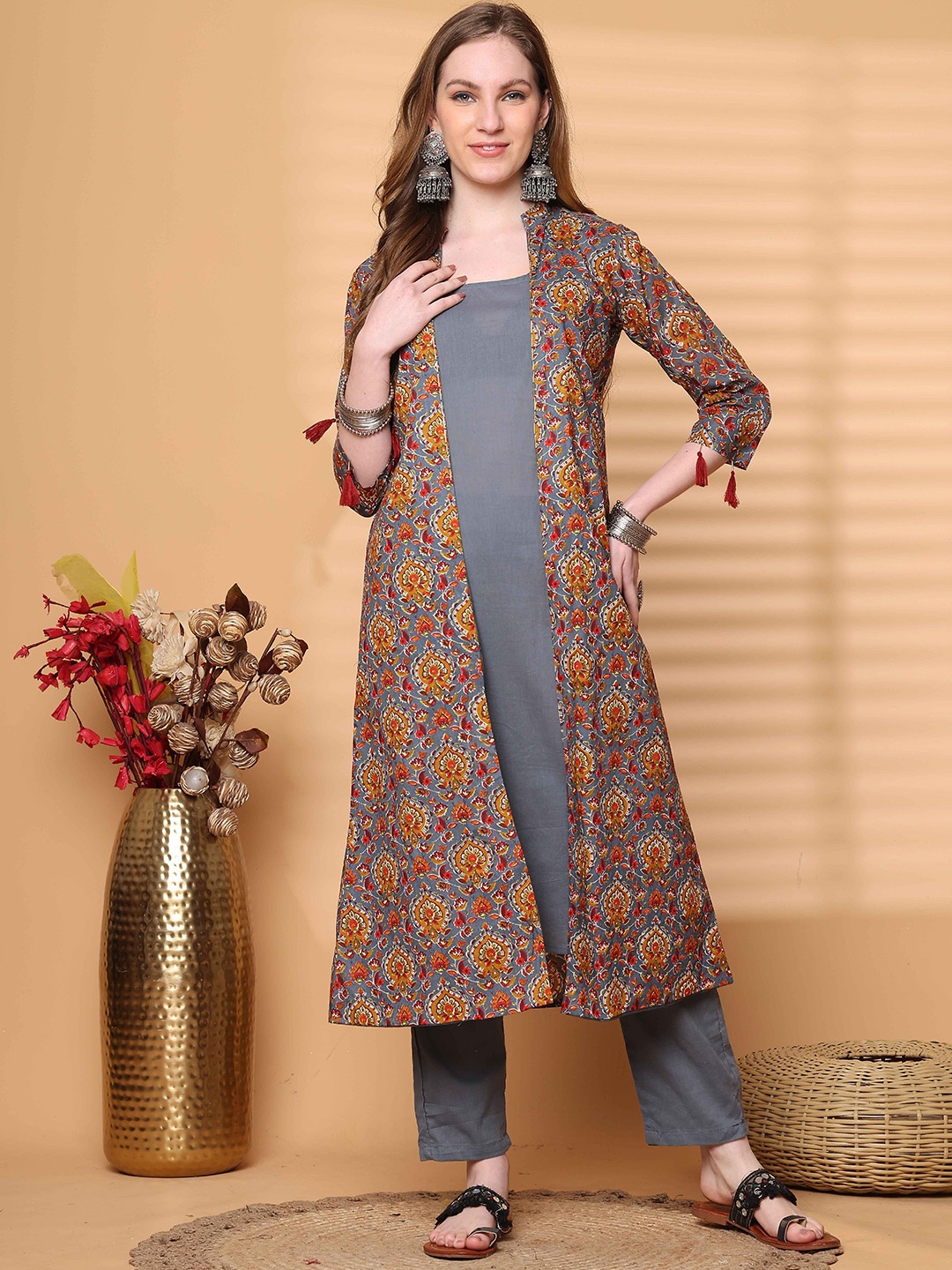 

Roly Poly Round Neck Pure Cotton Straight Kurta With Trouser And Shrug, Grey