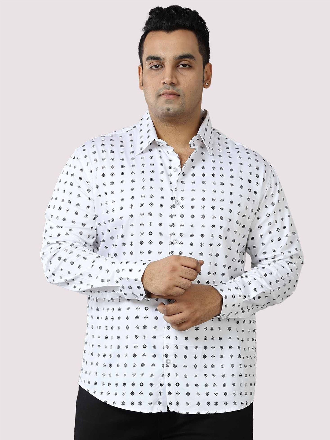 

Guniaa Men Plus Size Classic Fit Spread Collar Floral Printed Cotton Casual Shirt, White