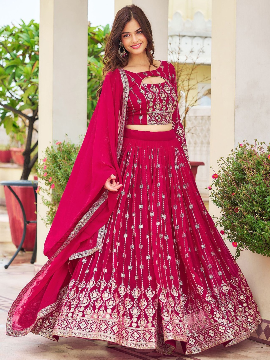 

Kedar Fab Embroidered Georgette Semi-Stitched Lehenga & Unstitched Blouse With Dupatta, Pink