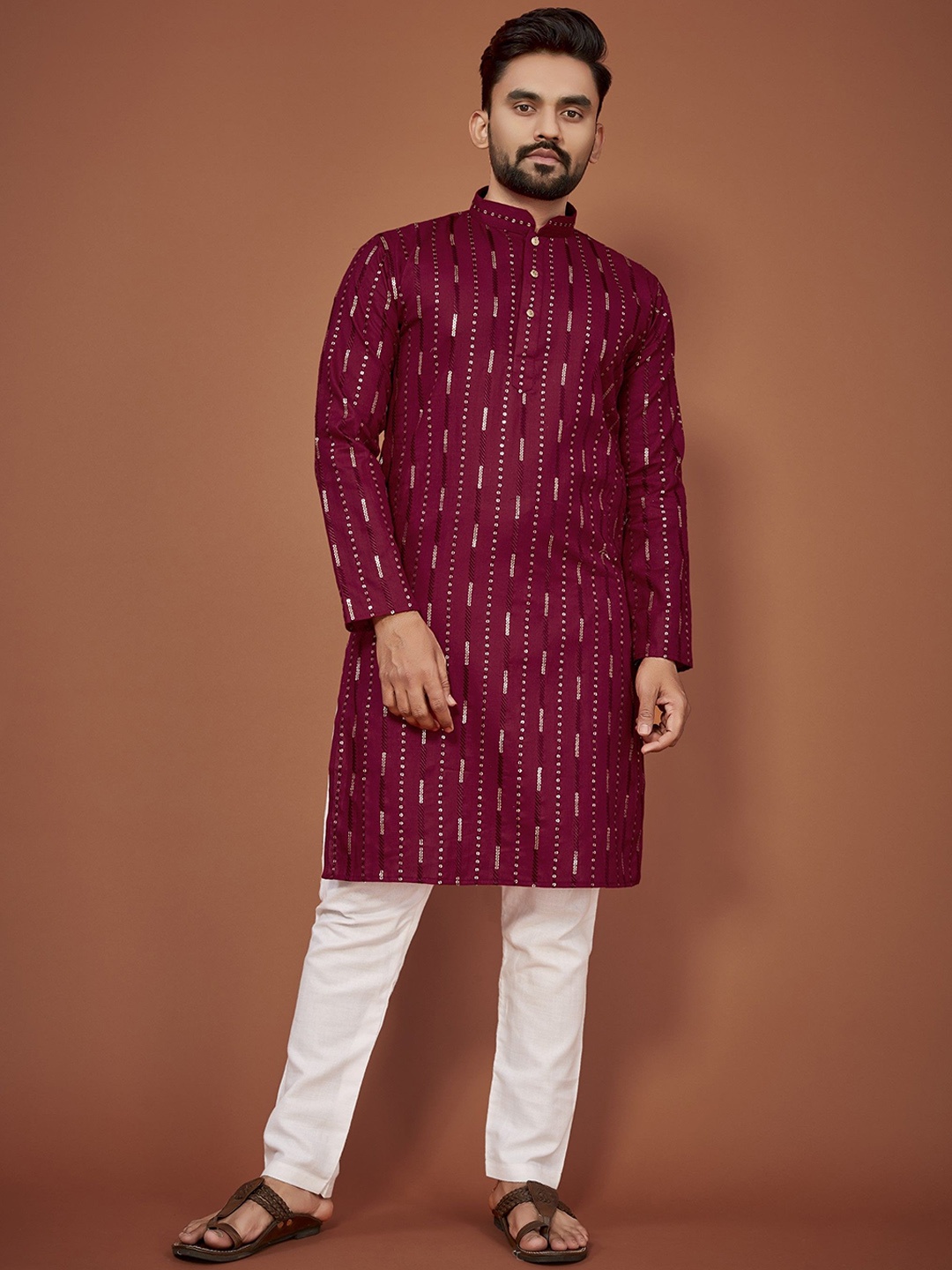 

Moda Rapido Embroidered Embellished Mandarin Collar Cotton Straight Kurta, Maroon
