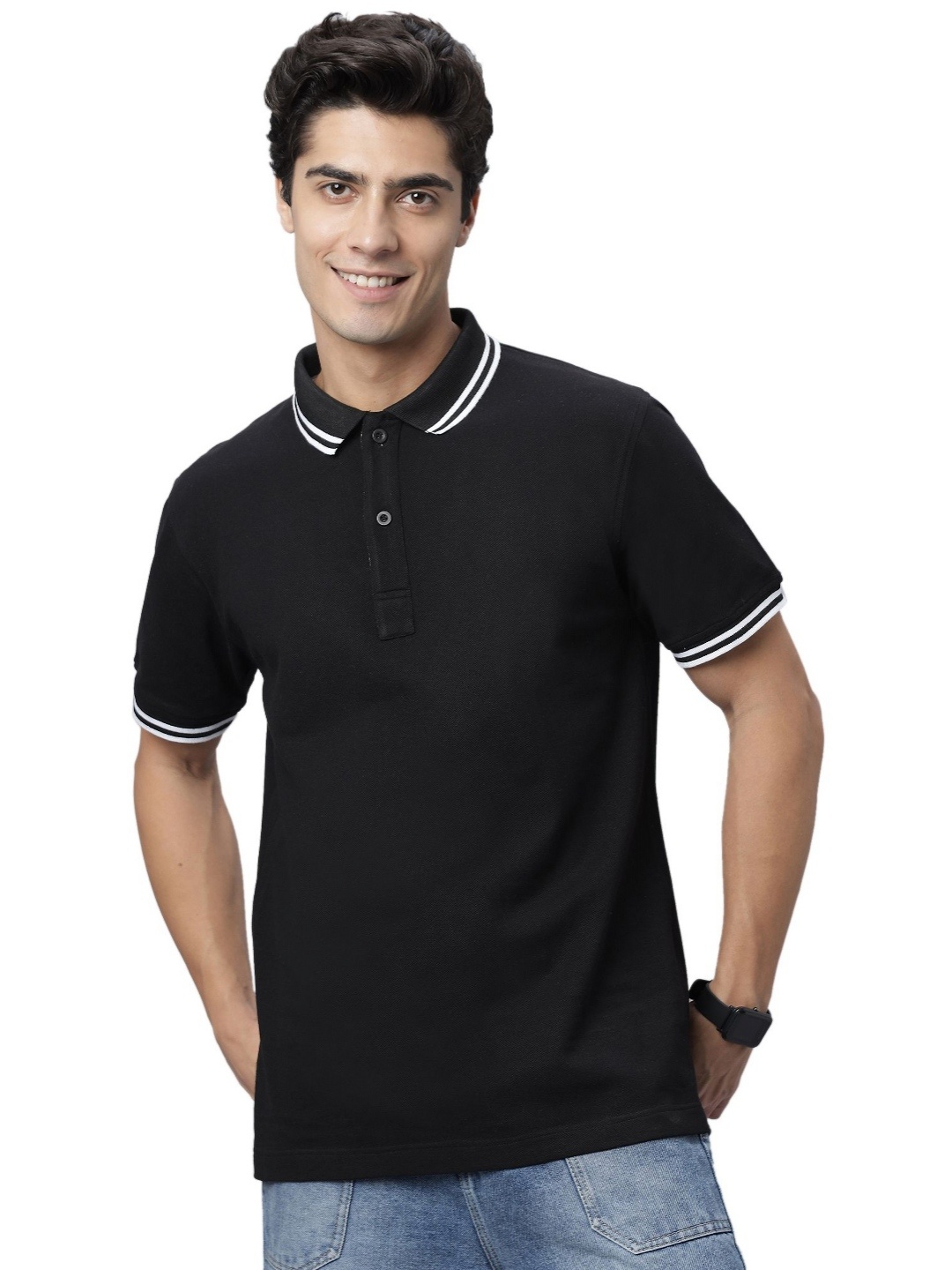 

NEON CHILLIE Men Solid Polo Collar Cotton T-shirt, Black