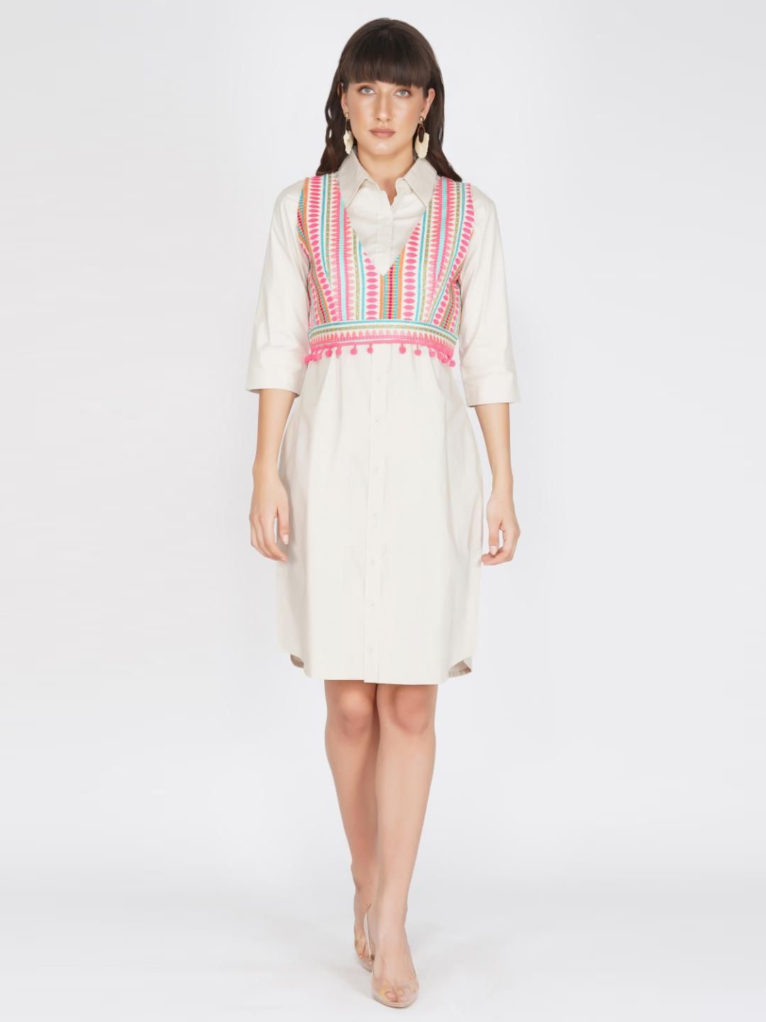 

KOVET Women Printed Shirt Dress, Off white