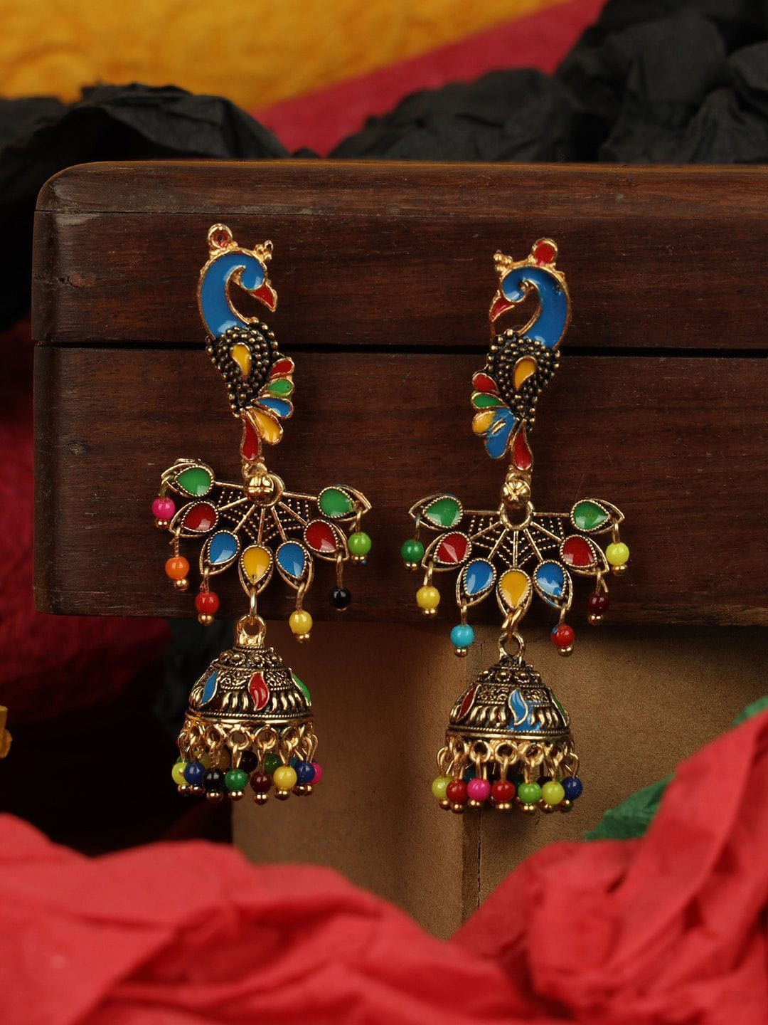 

Anouk Gold-Plated Artificial Stone Studded & Beaded Peacock Shaped Jhumkas Earrings