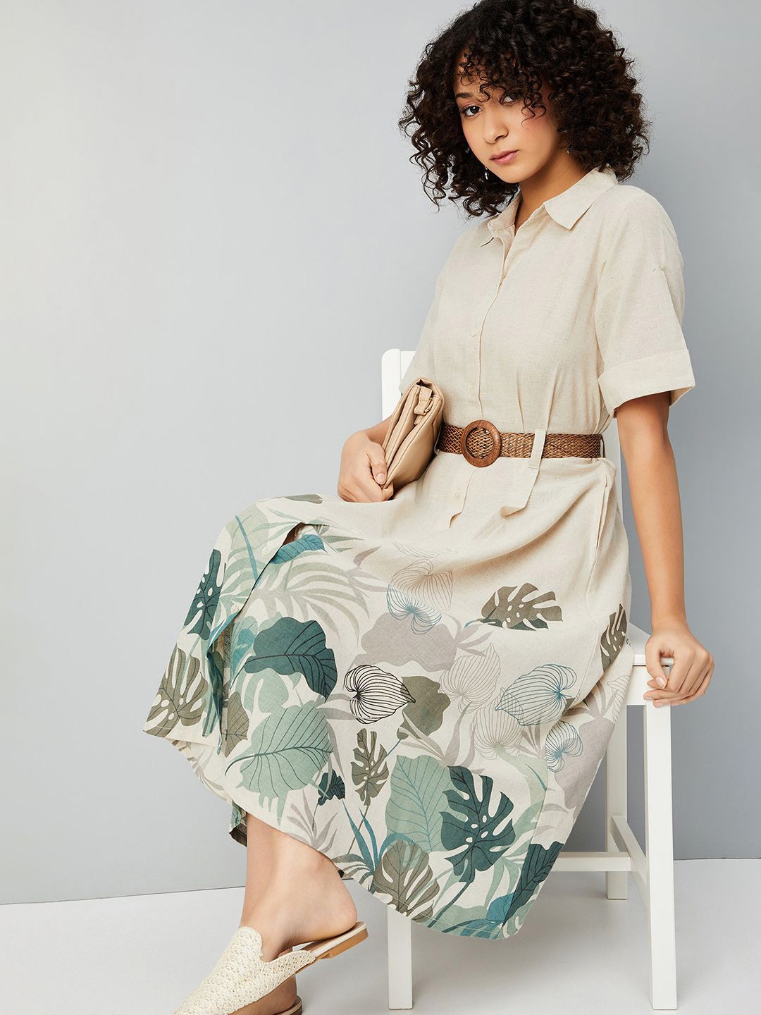 

max Cotton Floral Printed Shirt Collar Midi Dress, Beige