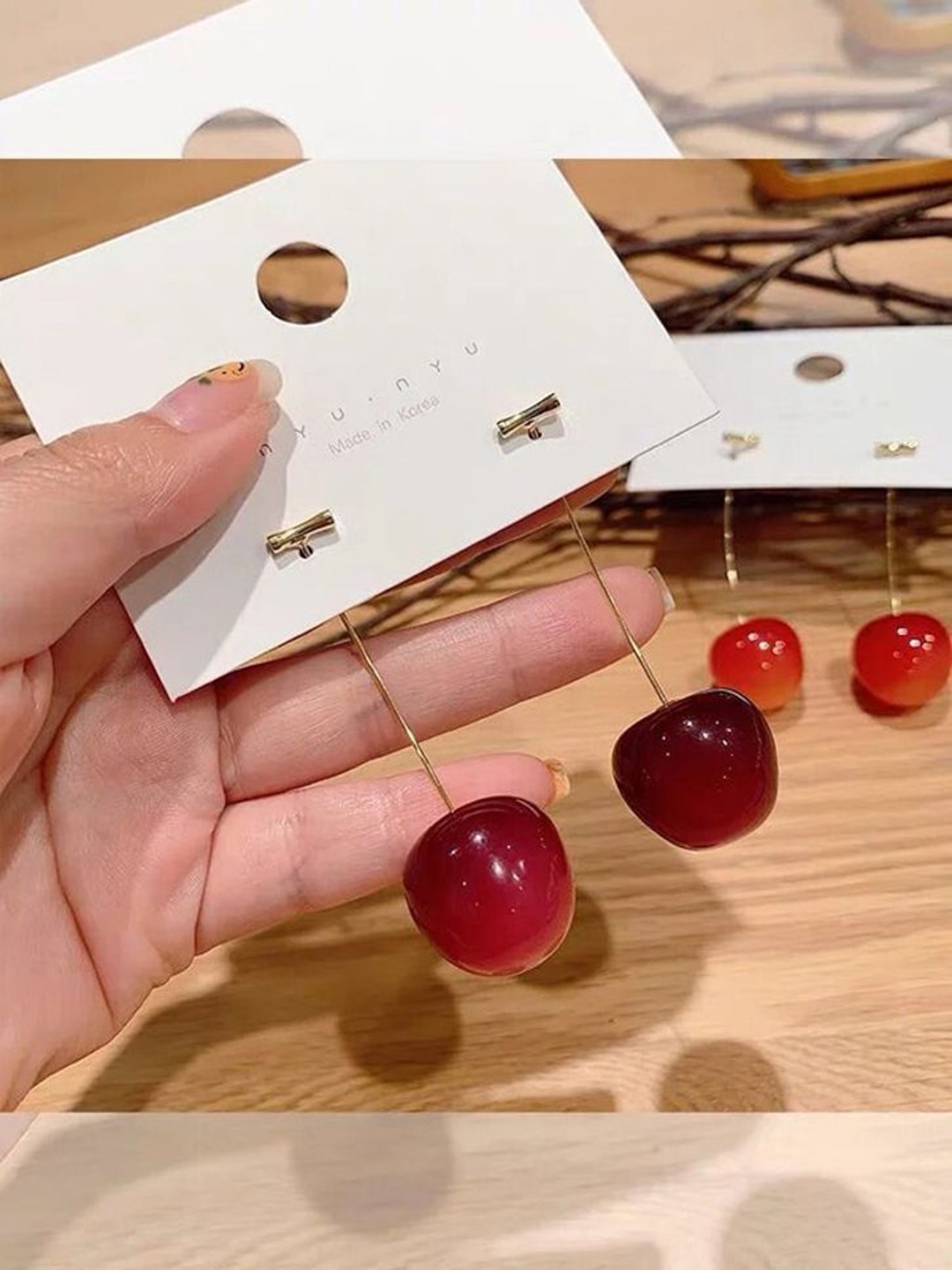 

Celestique Korean Bts Collections Contemporary Shaped Cherry Drop Earrings, Red