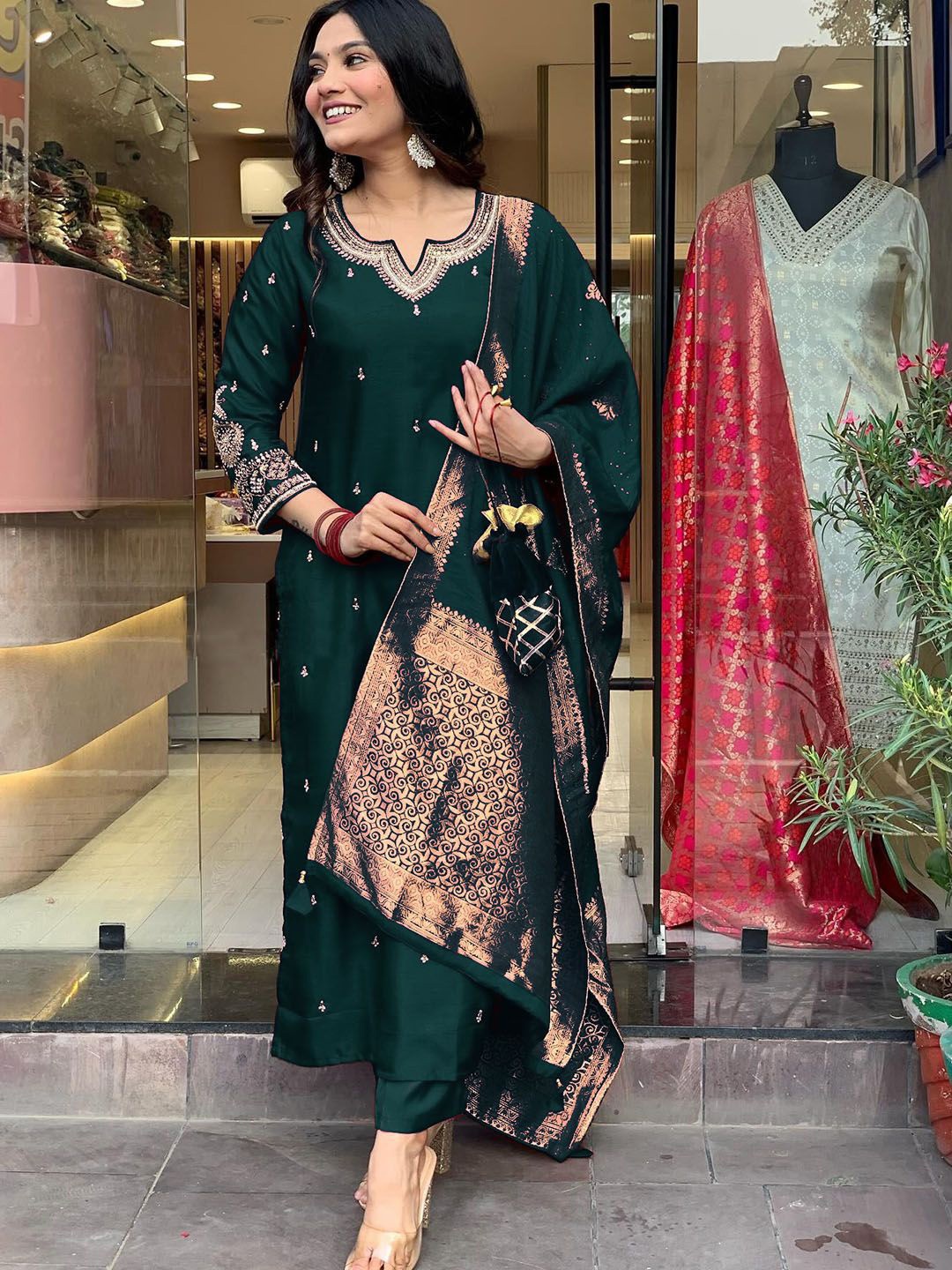 

Moda Rapido Floral Embroidered Sequinned Raw Silk Straight Kurta With Trousers & Dupatta, Green