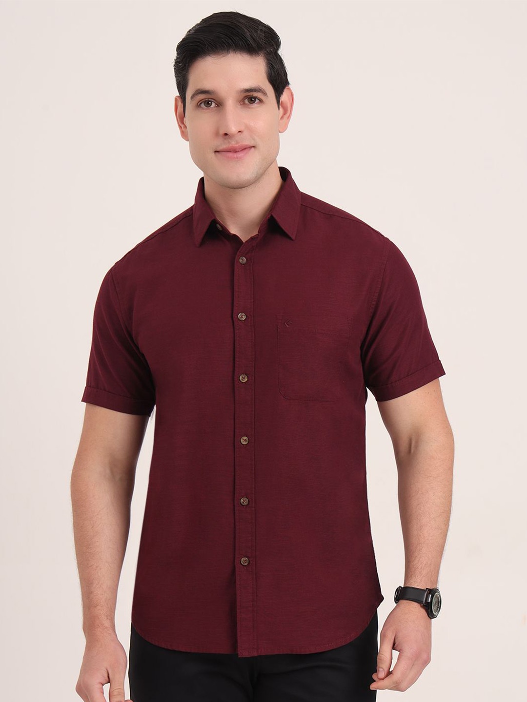 

Greenfibre Men Regular Fit Spread Collar Solid Cotton Casual Shirt, Maroon