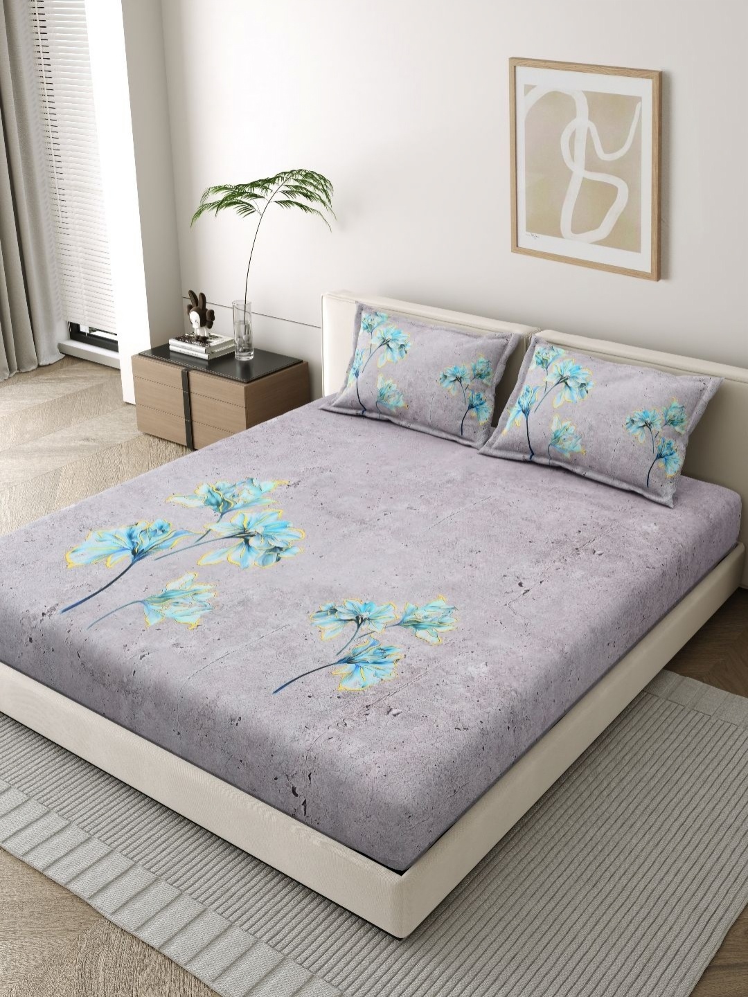 

EverHOME Grey & Blue Floral Printed 210 TC Pure Cotton King Bedsheet Set 2.74 x 2.74m