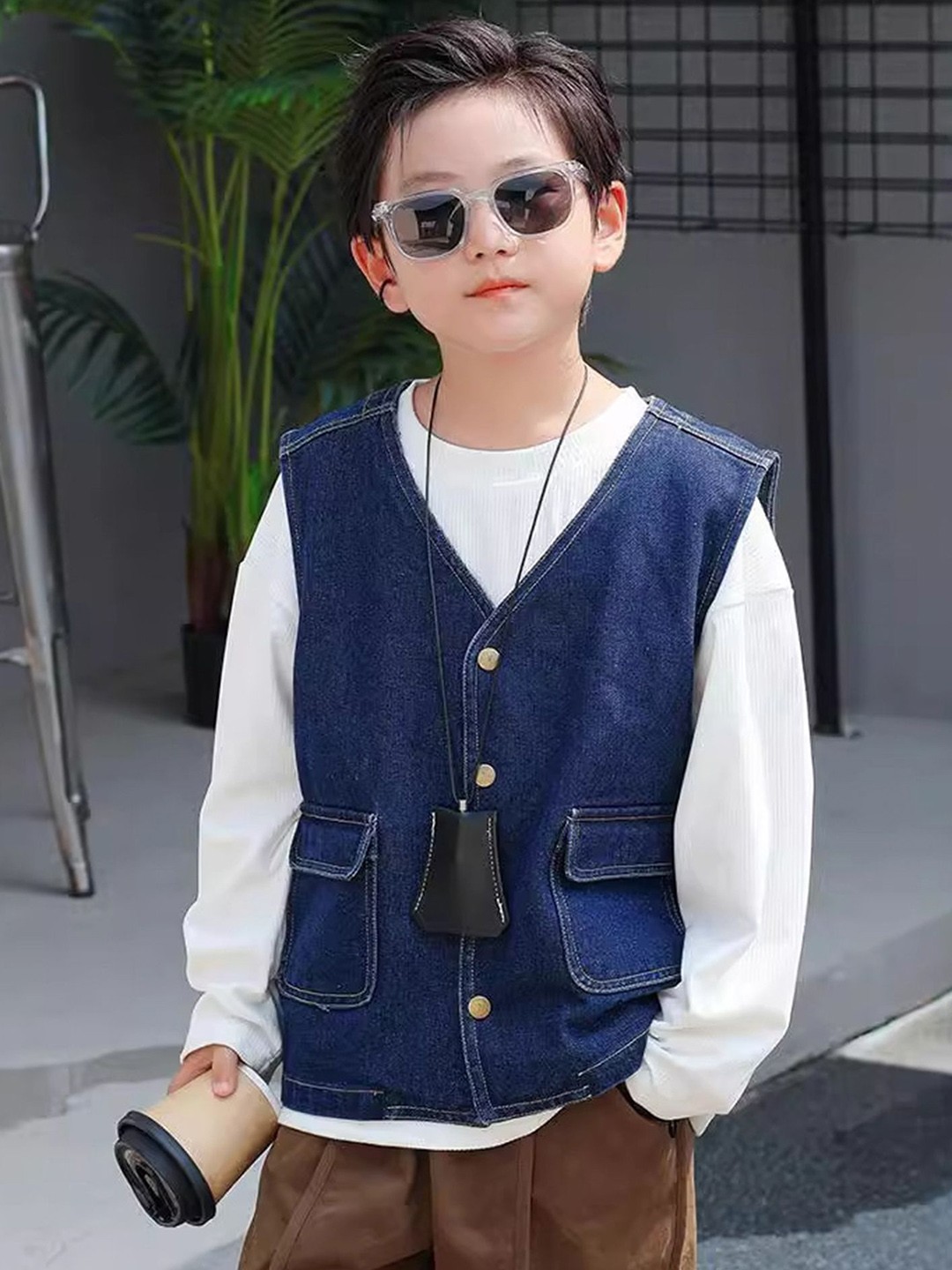 

LULU & SKY Boys Collarless Solid Cotton Casual Denim Jacket, Blue