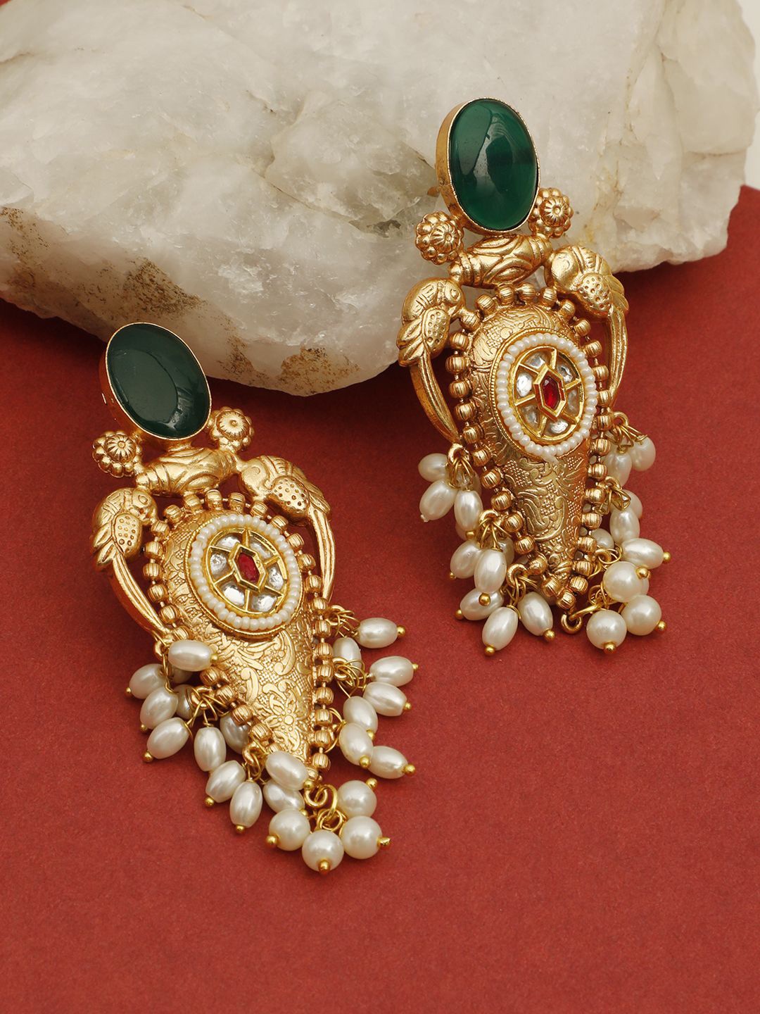 

VIVAZS Gold-Plated Artificial Stones Studded And Beaded Contemporary Drop Earrings