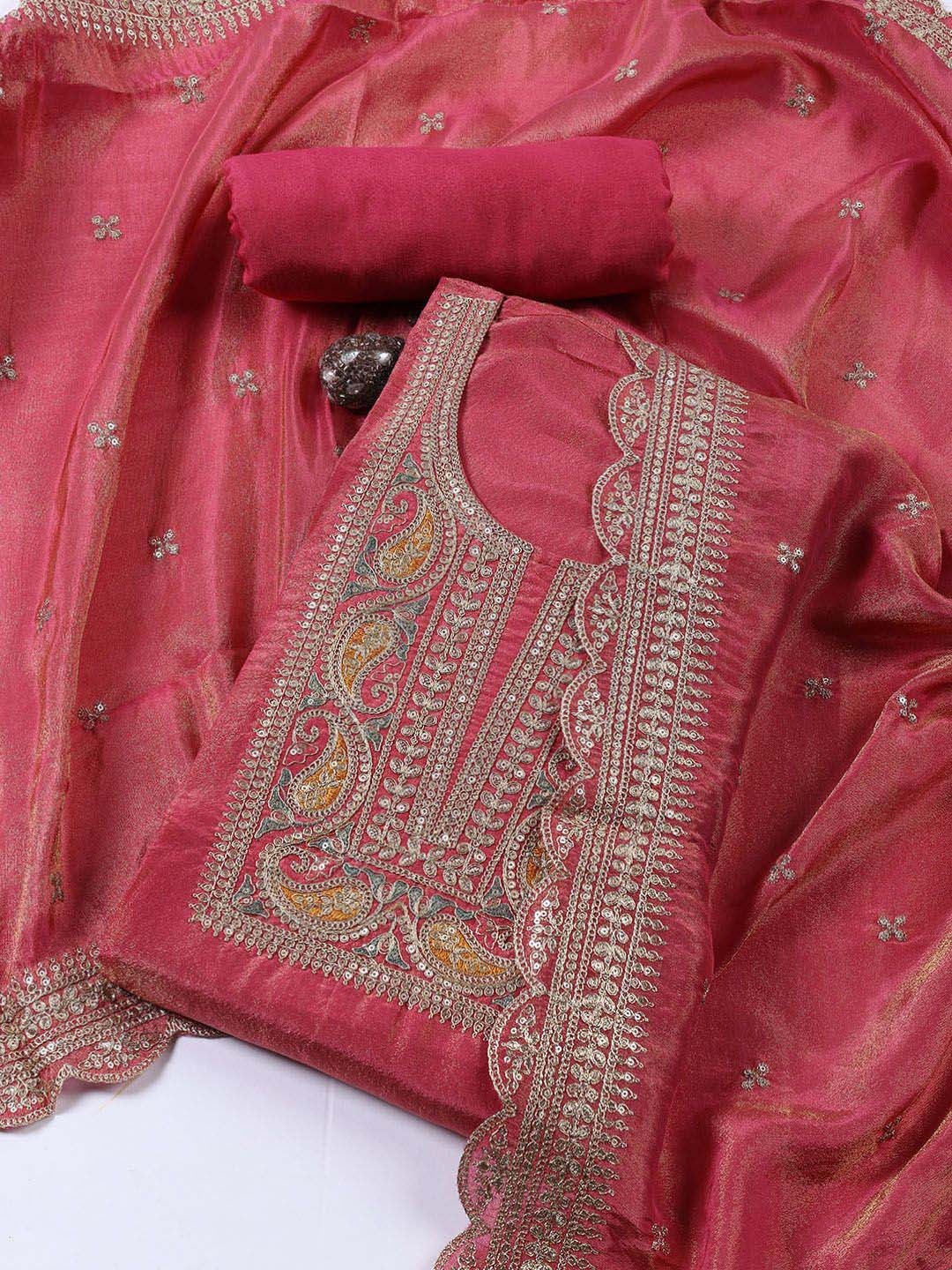 

Meena Bazaar Floral Embroidered Zari Unstitched Dress Material, Pink