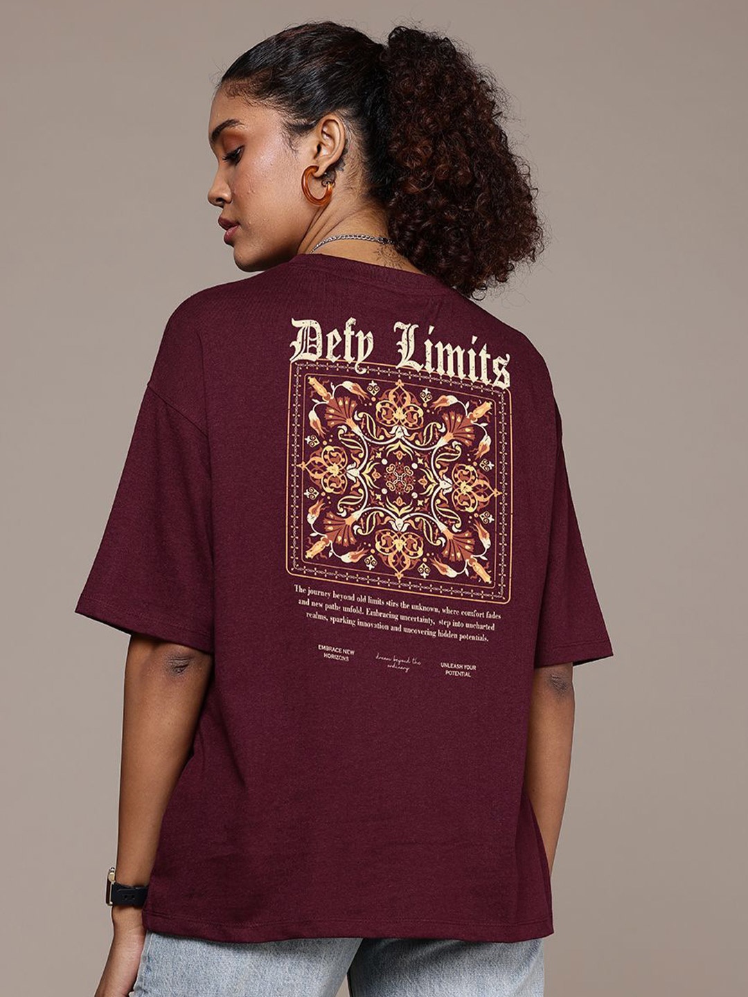 

The Roadster Lifestyle Co. Women Graphic Printed Round Neck Cotton Oversized T-shirt, Burgundy