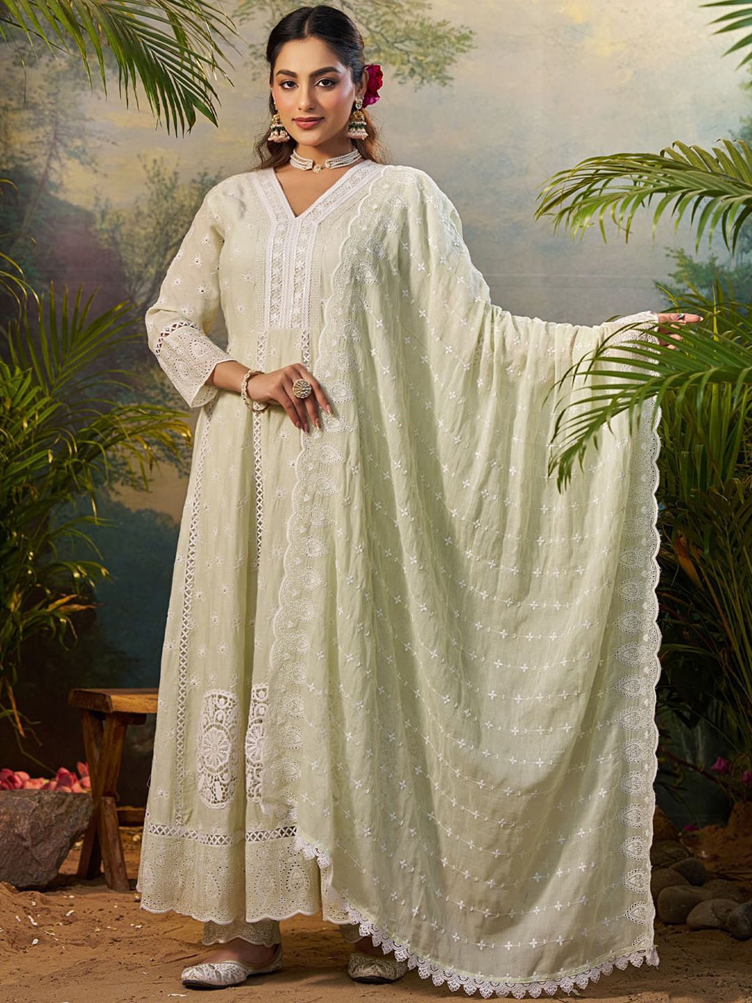 

Indo Era Floral Embroidered Pure Cotton Anarkali Kurta With Trousers & Dupatta, Green