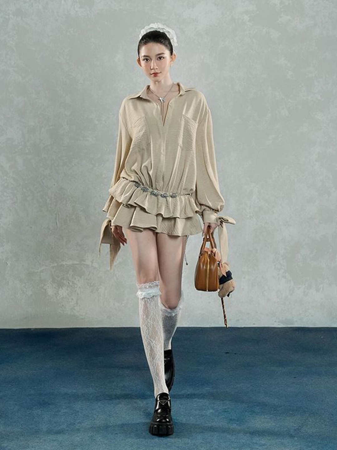 

StyleCast Women Satin Cuffed Sleeves Shirt Dress With Pocket Detailing, Beige