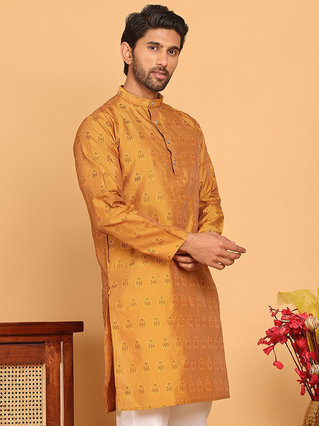 

Anouk Mustard Woven Design Jacquard Mandarin Collar Silk Kurta