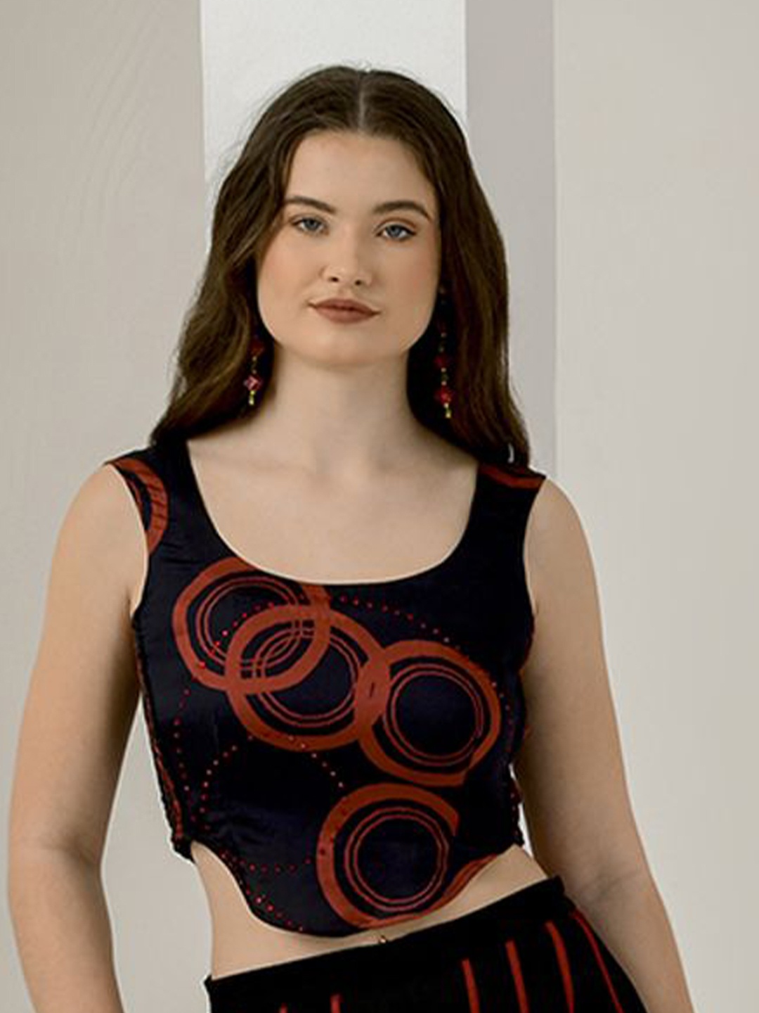 

First Resort by Ramola Bachchan Print Linen Crop Top, Black