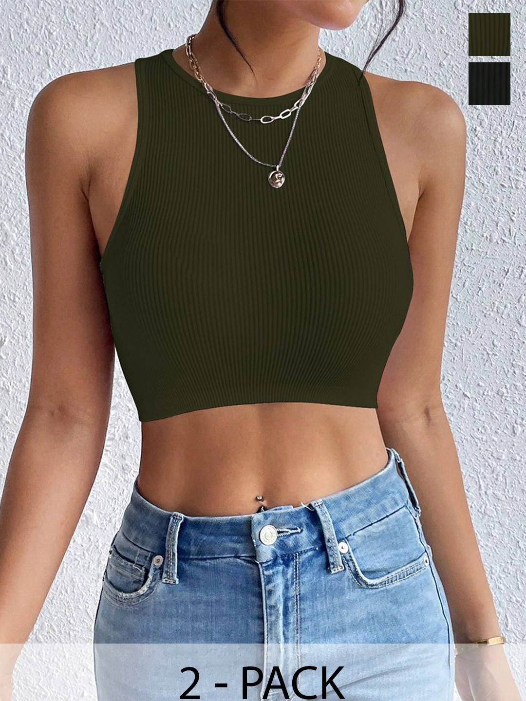 

TOOCHKI Women Pack Of 2 Ribbed Ribbed Round Neck Tops, Olive