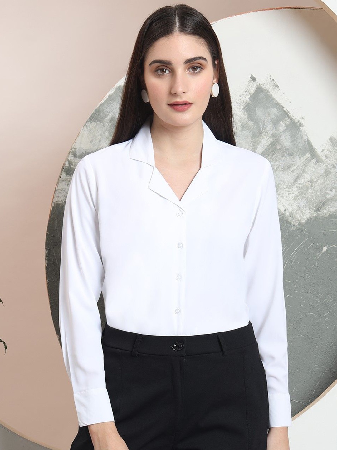 

FITHUB Women Cuban Collar Solid Cotton Formal Shirt, White