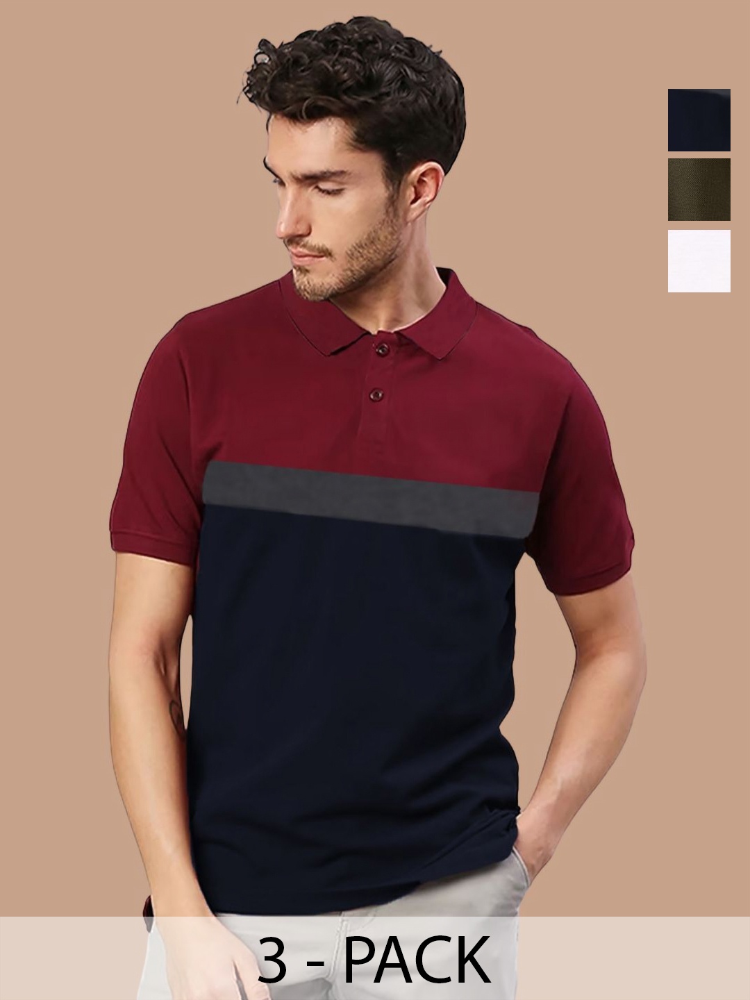 

Leotude Men Pack Of 3 Colourblocked Polo Collar Cotton T-shirts, Red