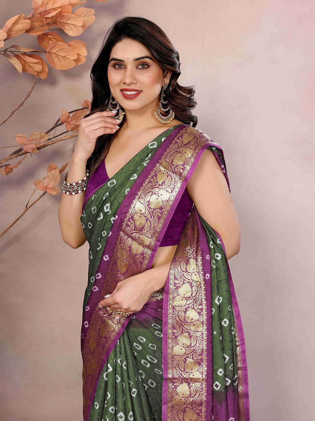 

Bandhanivilla Bandhani Zari Art Silk Bandhani Saree, Purple