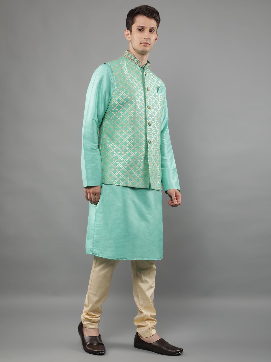 

Manish Creations Mandarin Collar Kurta With Churidar And Nehru Jacket, Blue