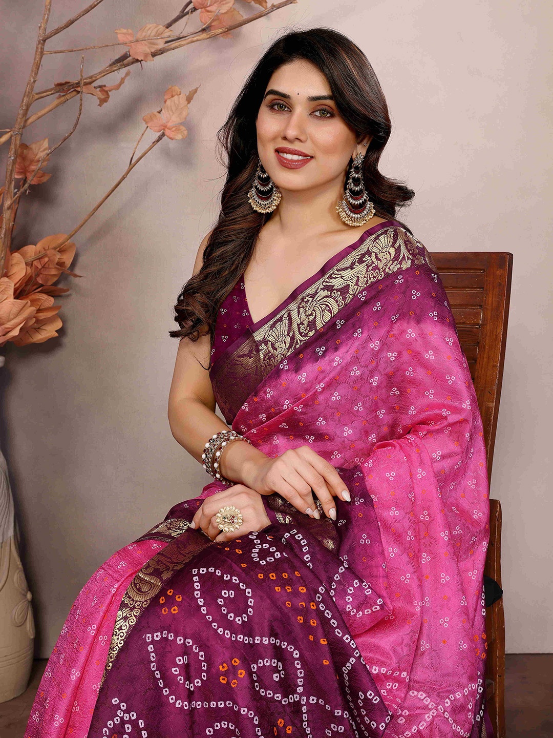 

Bandhanivilla Women Bandhani Printed Bandhani Saree With Unstitched Blouse Piece, Pink