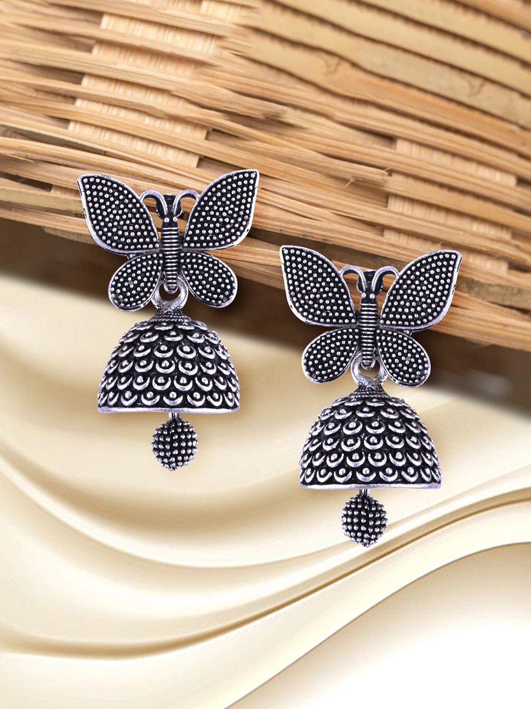 

Anouk Rhodium-Plated Dome Shaped Oxidised Jhumkas, Silver