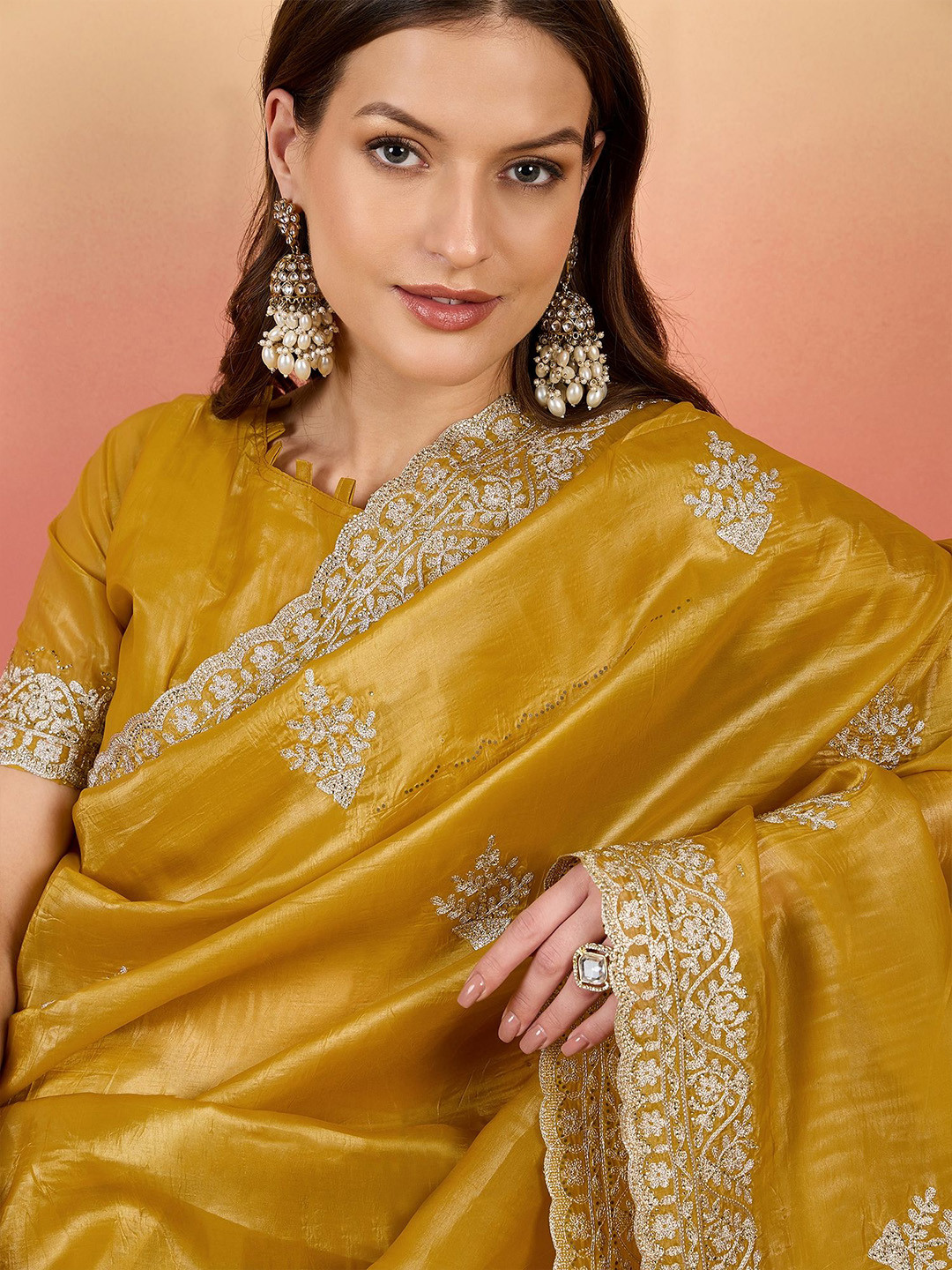 

Sangria Embroidered Pure Silk Saree With Blouse Piece, Mustard