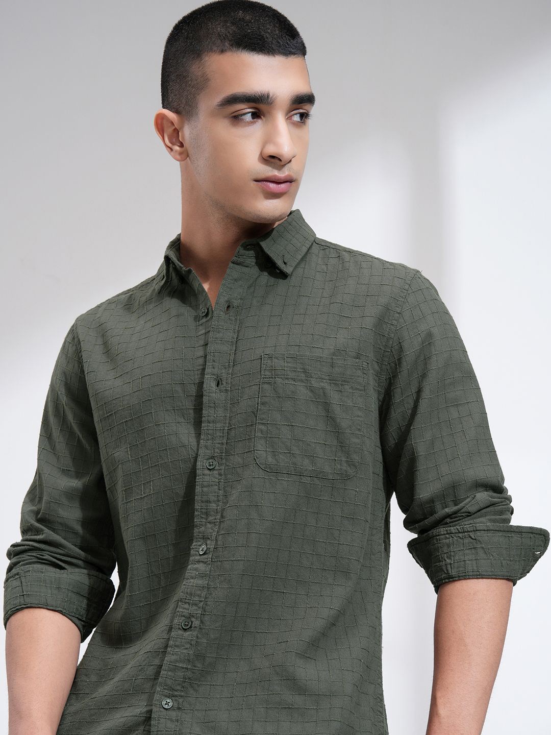 

HIGHLANDER Men Dobby Textured Checked Button Down Casual Shirt, Olive