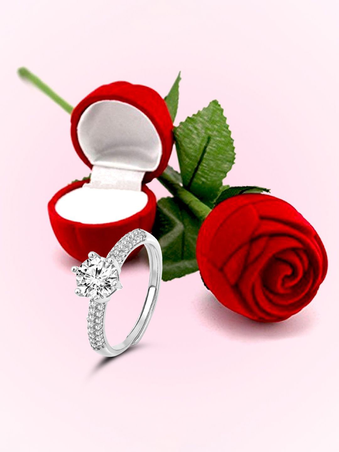

Peora Silver-Plated Cubic Zirconia Studded Finger Ring With Rose Gift Box