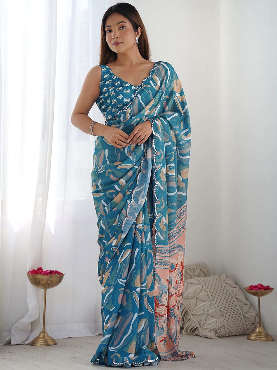 

LeeliPeeri Designer Floral Mirror Work Poly Chiffon Saree, Blue