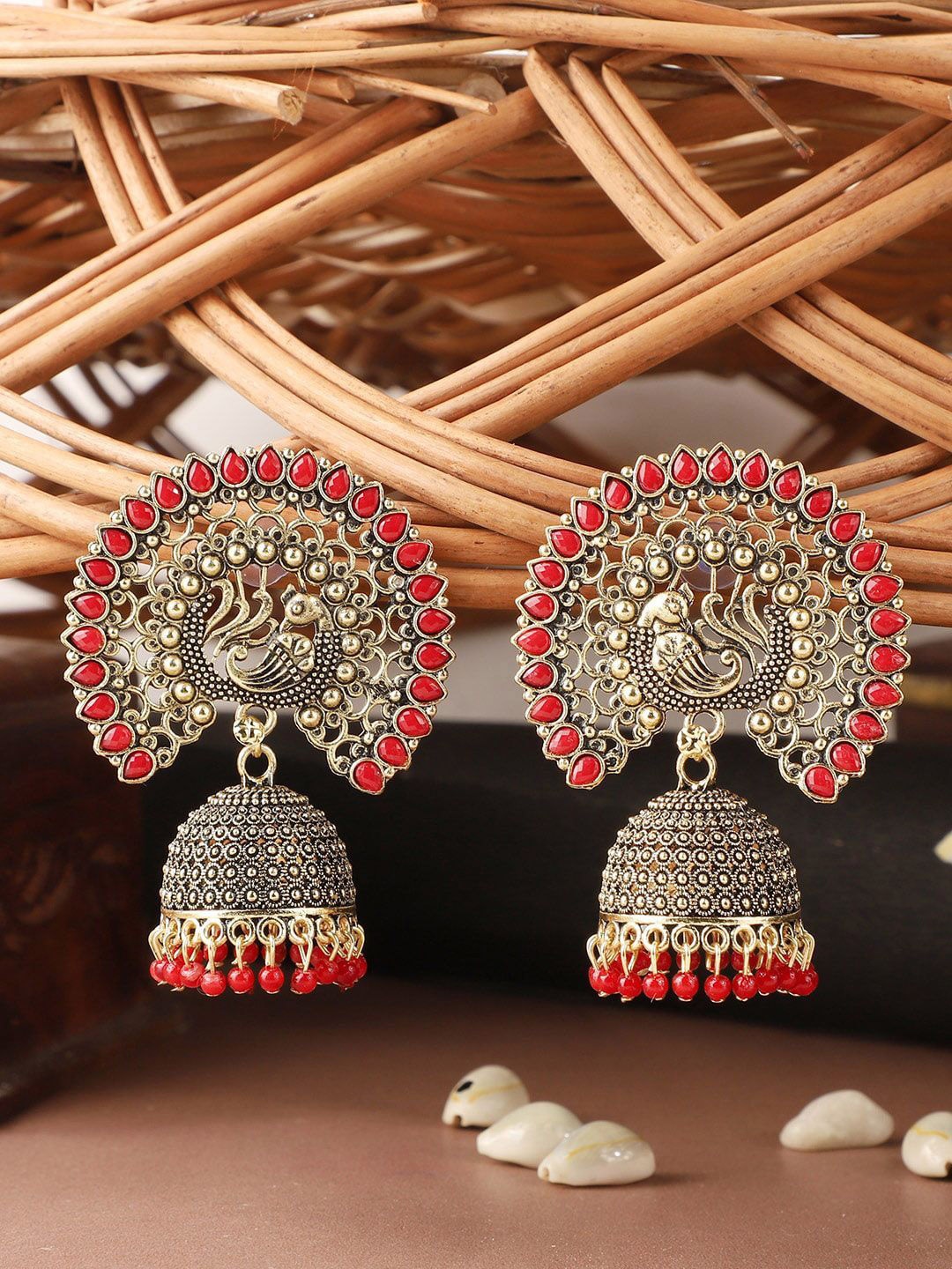 

Anouk Gold Plated Peacock Shaped Jhumkas Earrings
