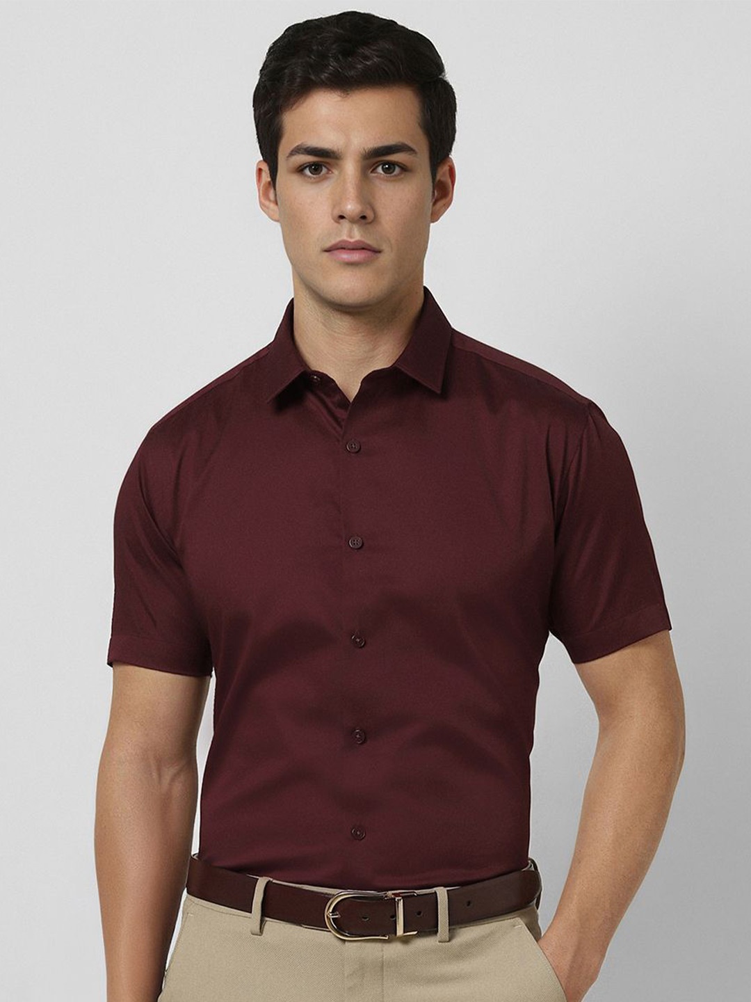 

V Dot Men Slim Fit Spread Collar Solid Cotton Formal Shirt, Maroon