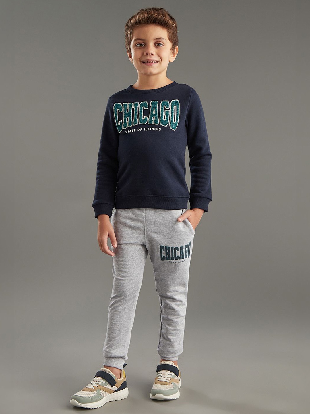 

max Boys Printed Round Neck Sweatshirt With Joggers, Navy blue