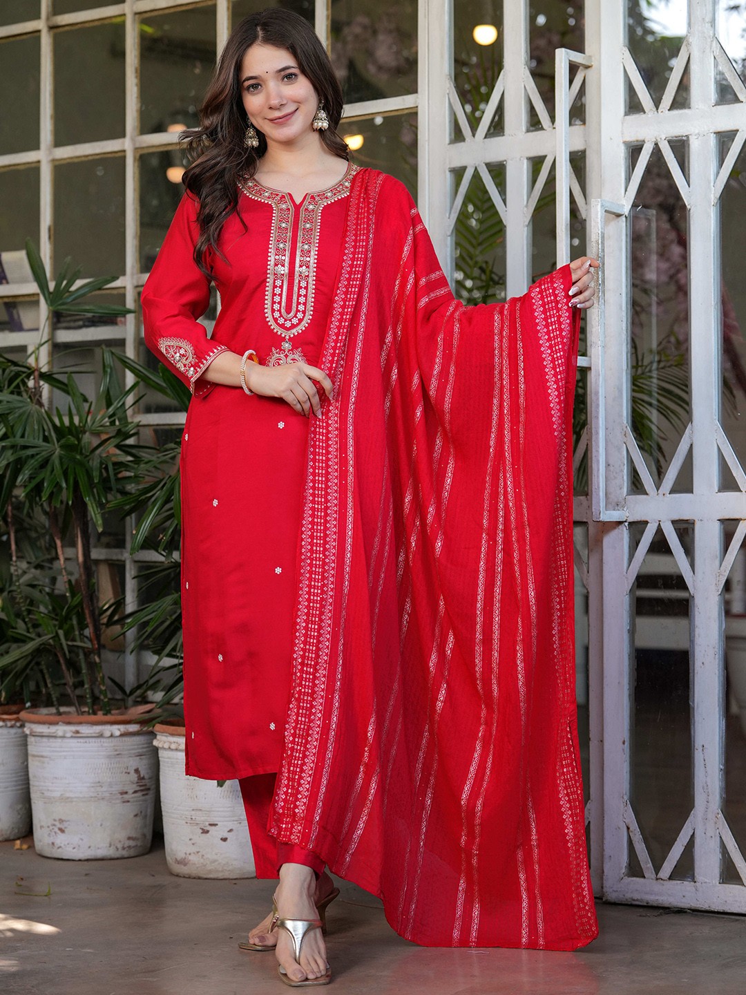 

ZIBLON Embroidered Chanderi Cotton Notch Neck Straight Kurta With Trousers & Dupatta, Red