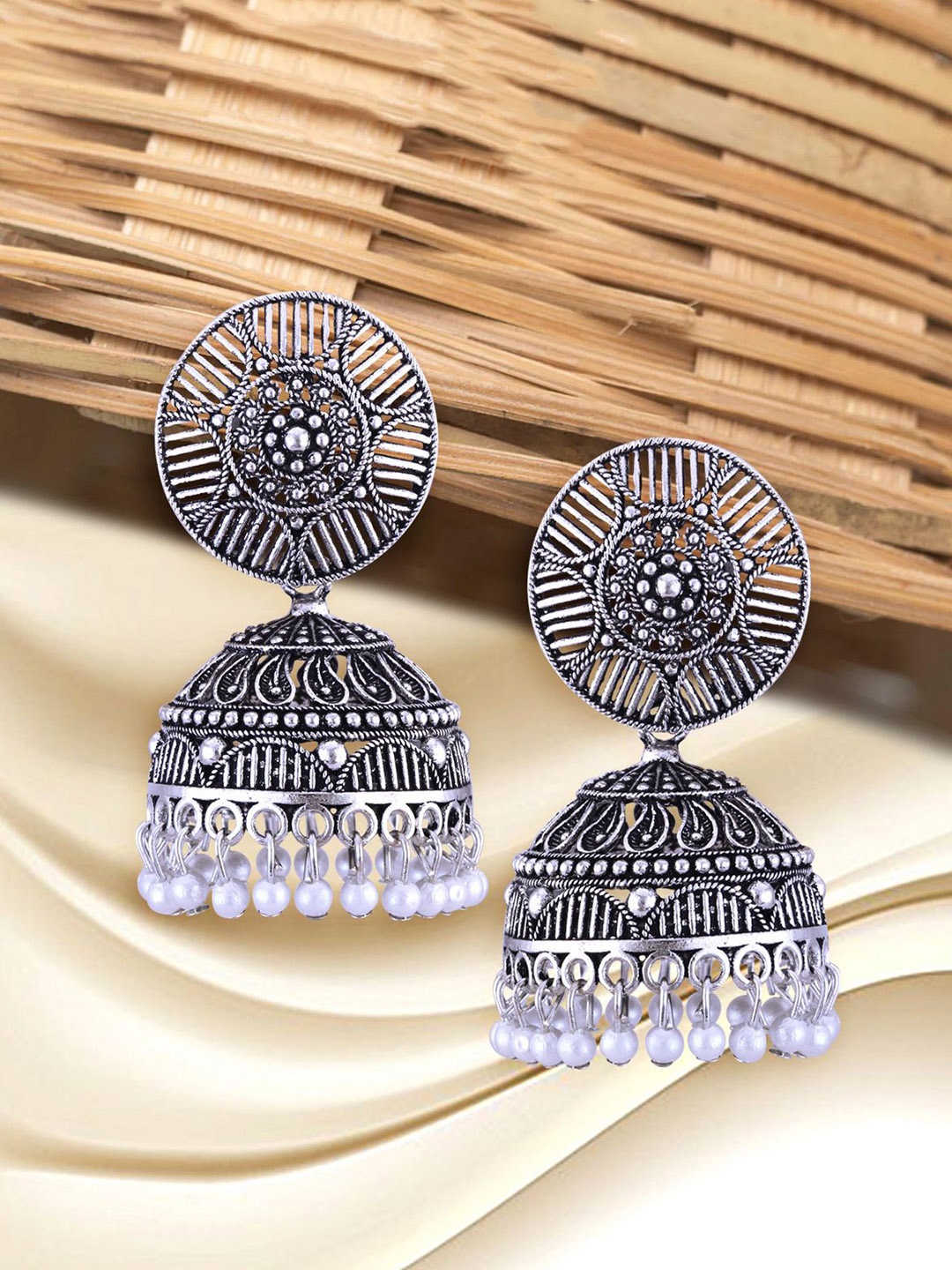 

Anouk Rhodium-Plated Dome Shaped Oxidised Jhumkas, Silver