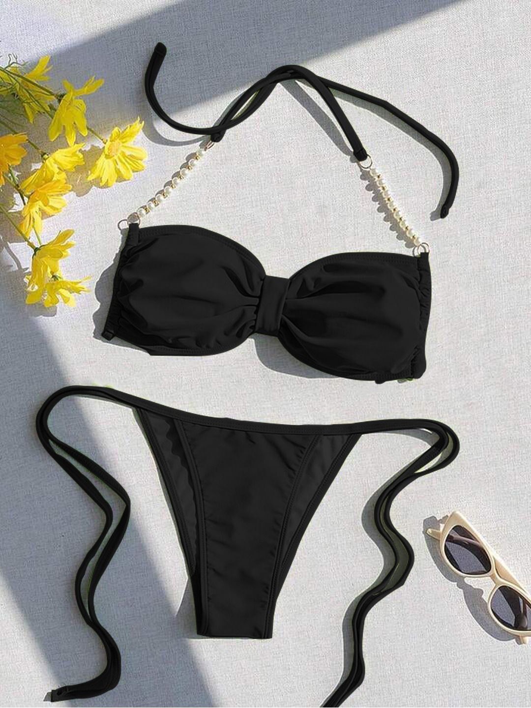 

VAGHBHATT Halter Neck Beaded Work Swim Bikini Set, Black