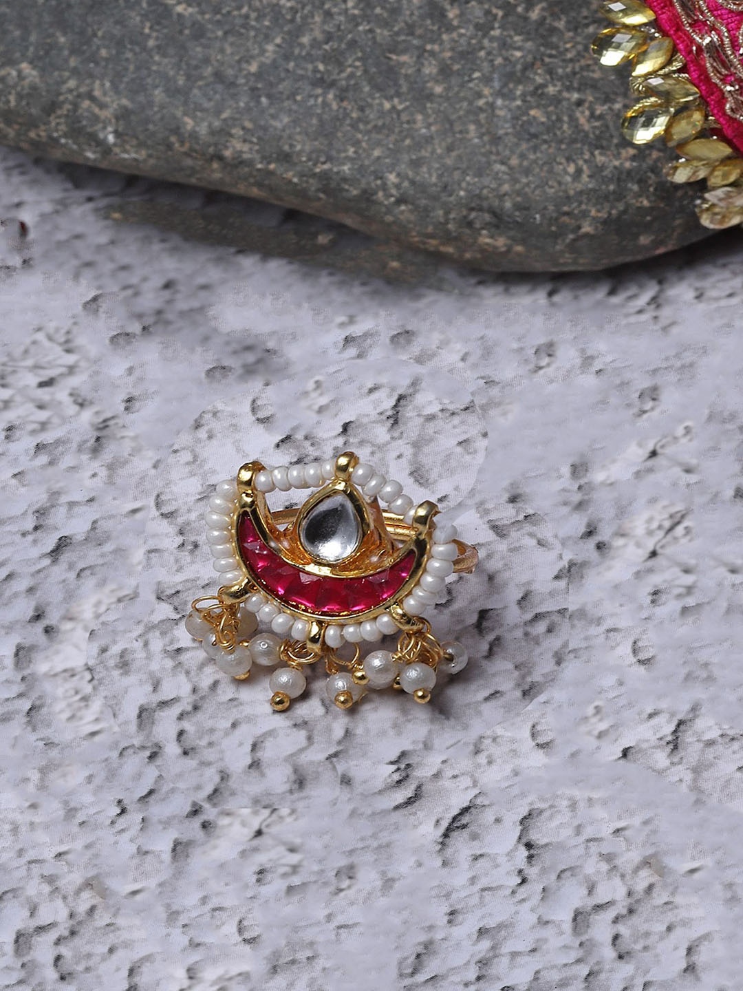 

DUGRISTYLE Gold-Plated Kundan Studded & Pearls Beaded Adjustable Finger Ring