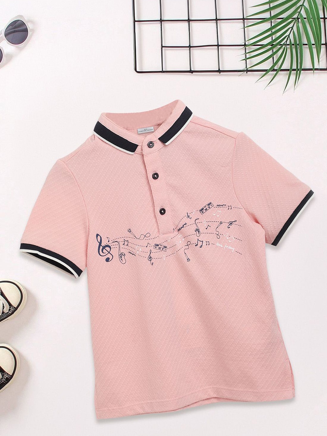 

FOREVER FRIDAY Boys Self Design Polo Collar Cotton Relaxed Fit T-shirt, Pink