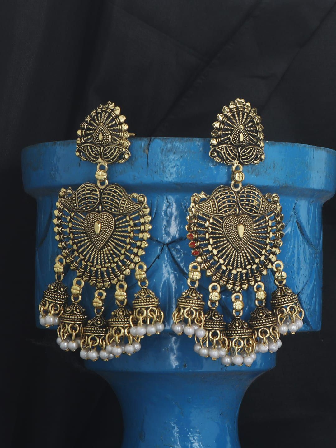 

Anouk Gold Plated Artificial Stones Studded And Beaded Contemporary Shaped Jhumkas