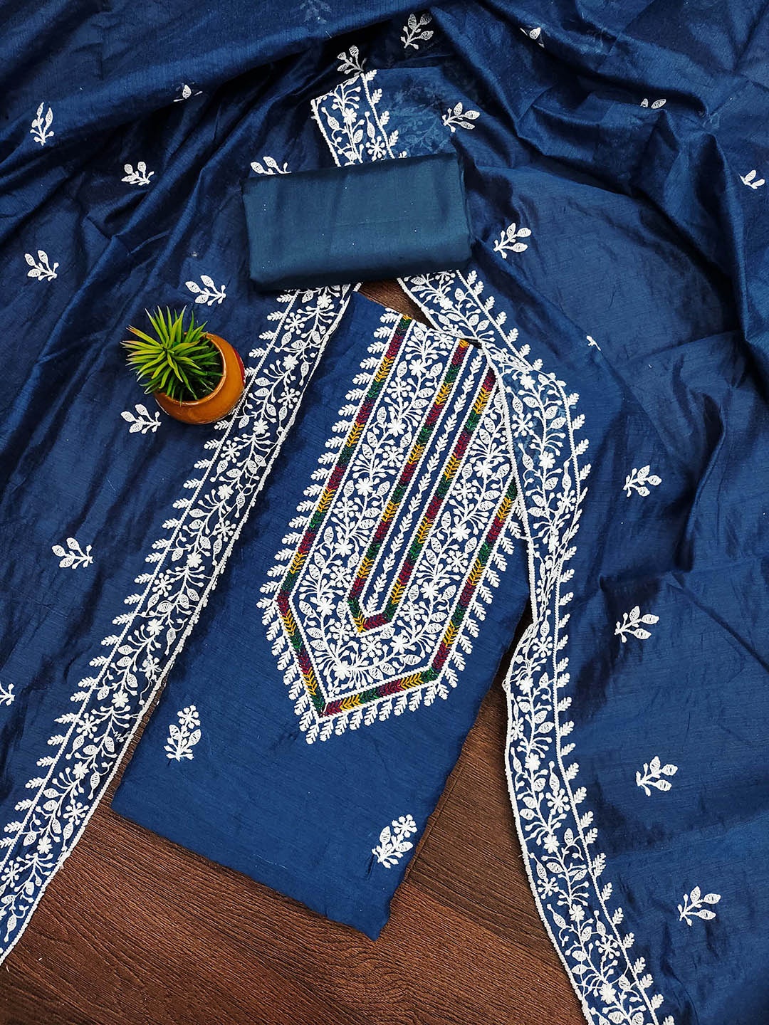 

MANVAA Floral Embroidered Thread Work Modal Cotton Unstitched Dress Material, Blue