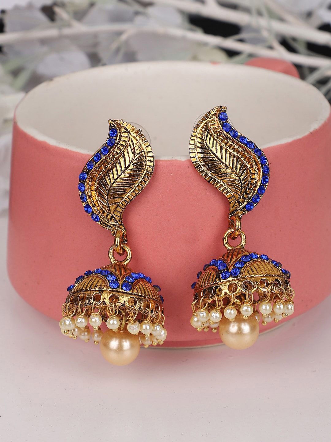 

Anouk Gold-Plated Artificial Stones Studded & Pearls Beaded Dome Shaped Jhumkas